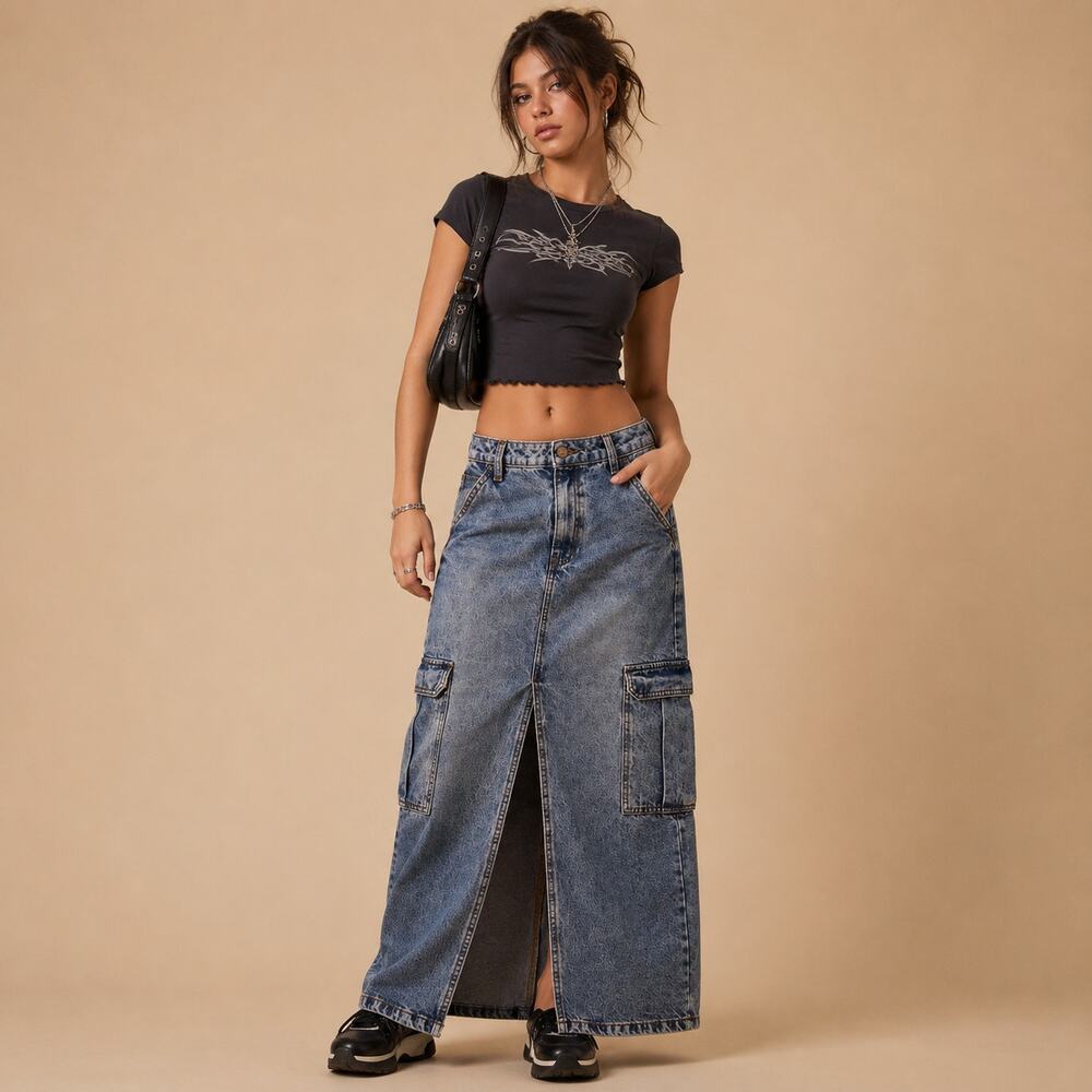 Denim Cargo Maxi Skirt Size 11 Medium Acid Wash Blue Jean Y2K Utility Streetwear